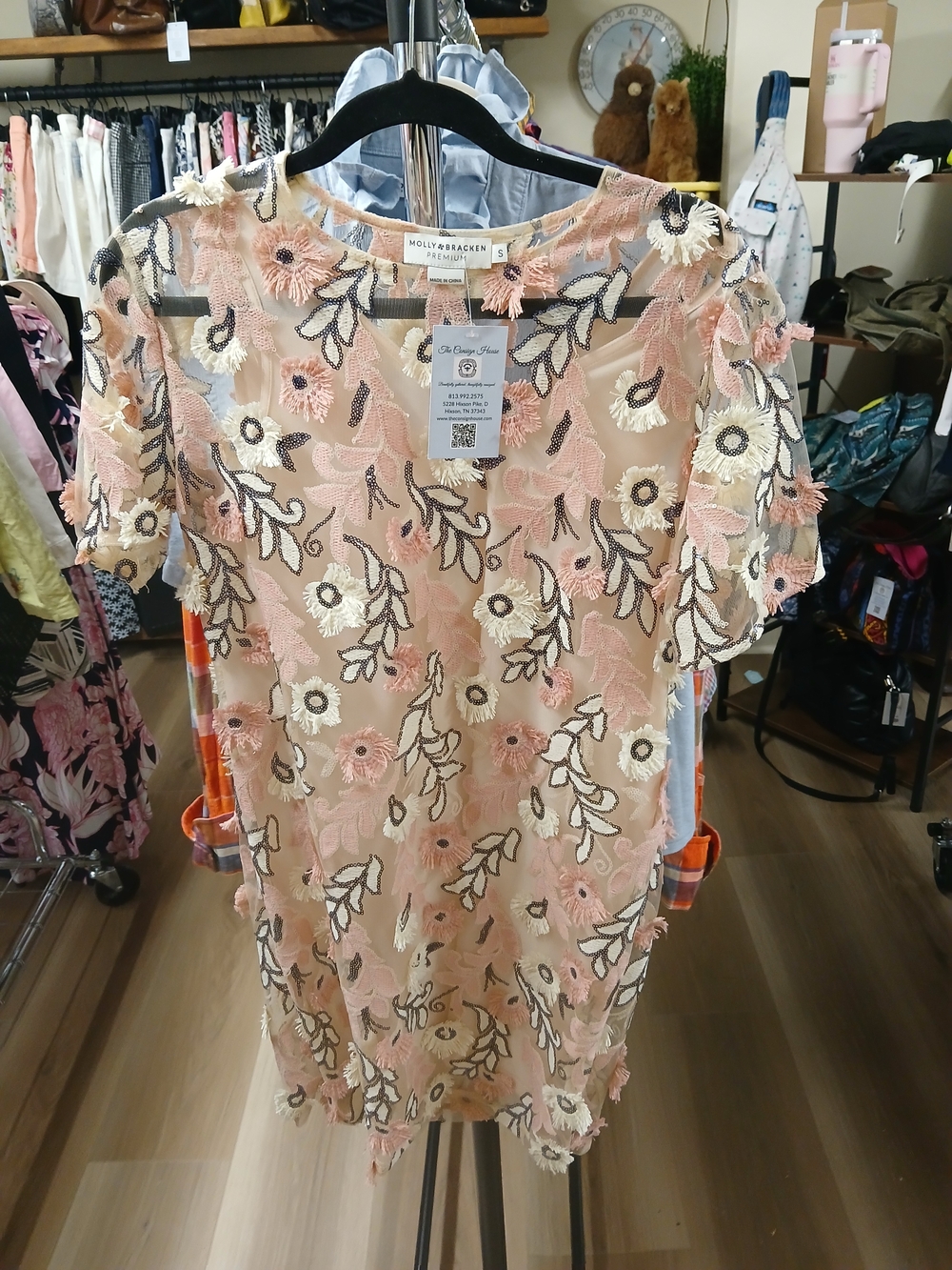 Molly Bracken Blush Floral Embroidered Mesh Dress